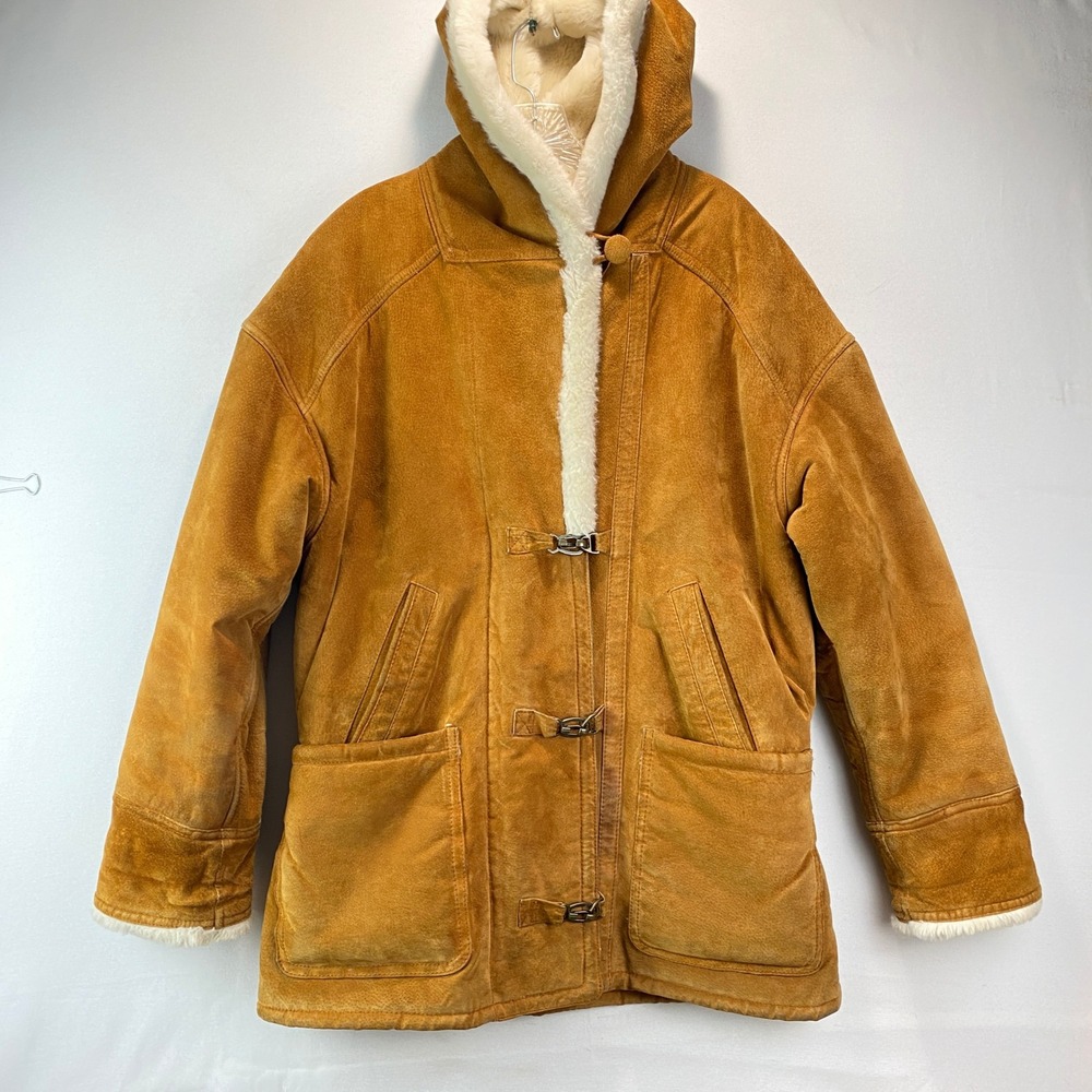 VTG Gallery Leather Fur Lined Hooded Parka Jacket Women S Tan Metal Clasp West